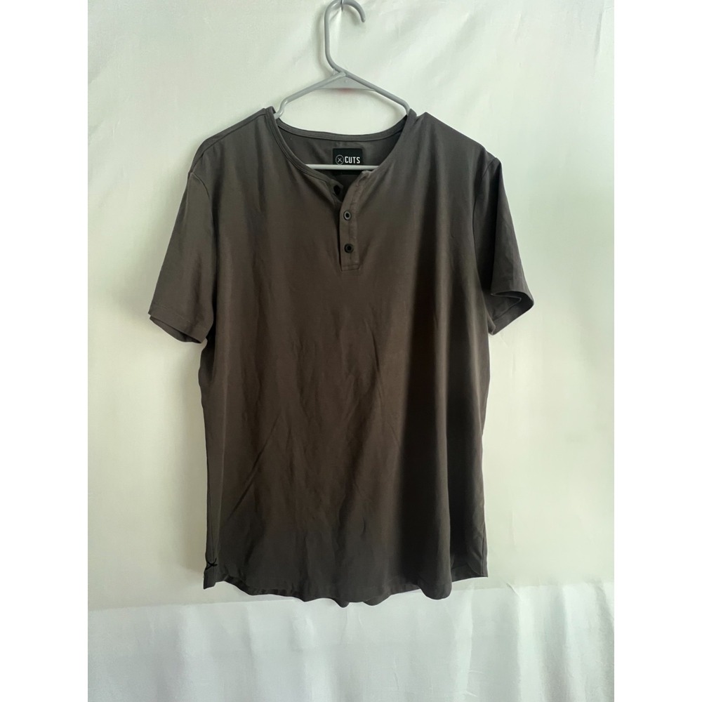 X Cuts T-Shirt Mens Large Charcoal Gray Curve Hem Henley Minimal Capsule